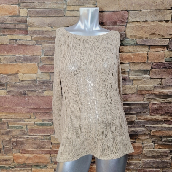 Wooden Ships TAN Cable Knit Boyfriend Sweater Small/Medium - Picture 2 of 12